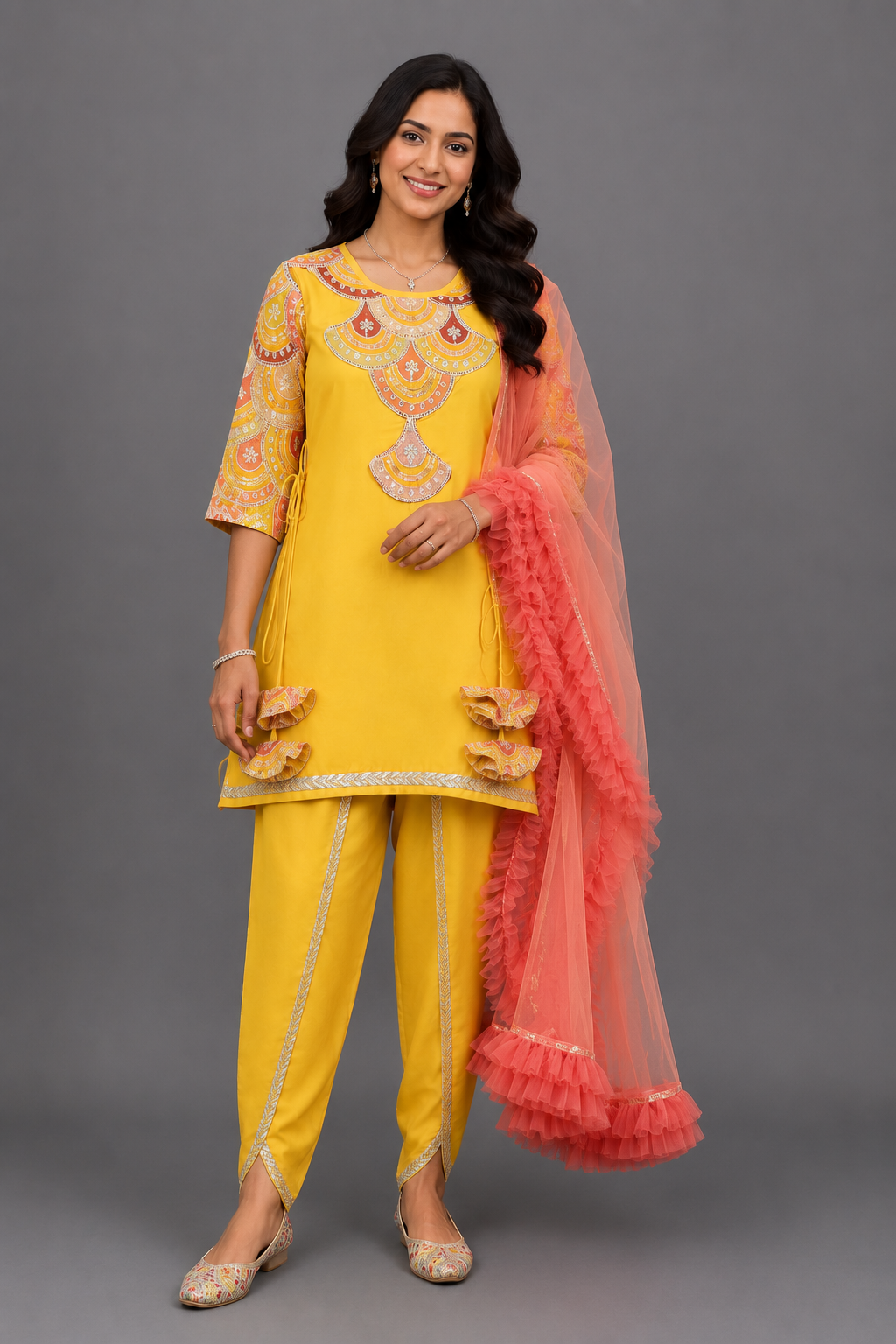 Embroidered Mustard Kurti And Tulip Dhoti With Net Dupatta
