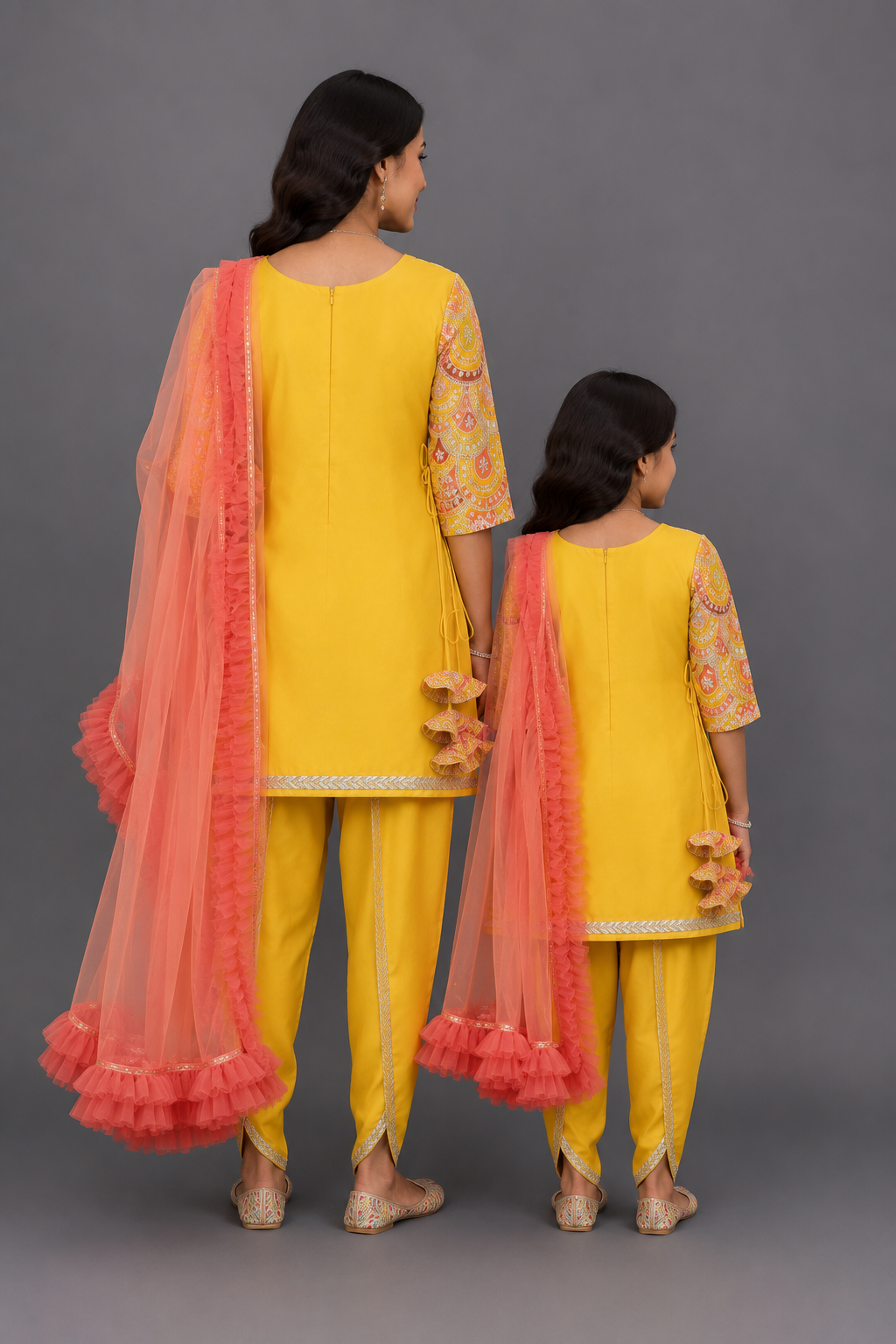 Embroidered Mustard Kurti And Tulip Dhoti With Net Dupatta