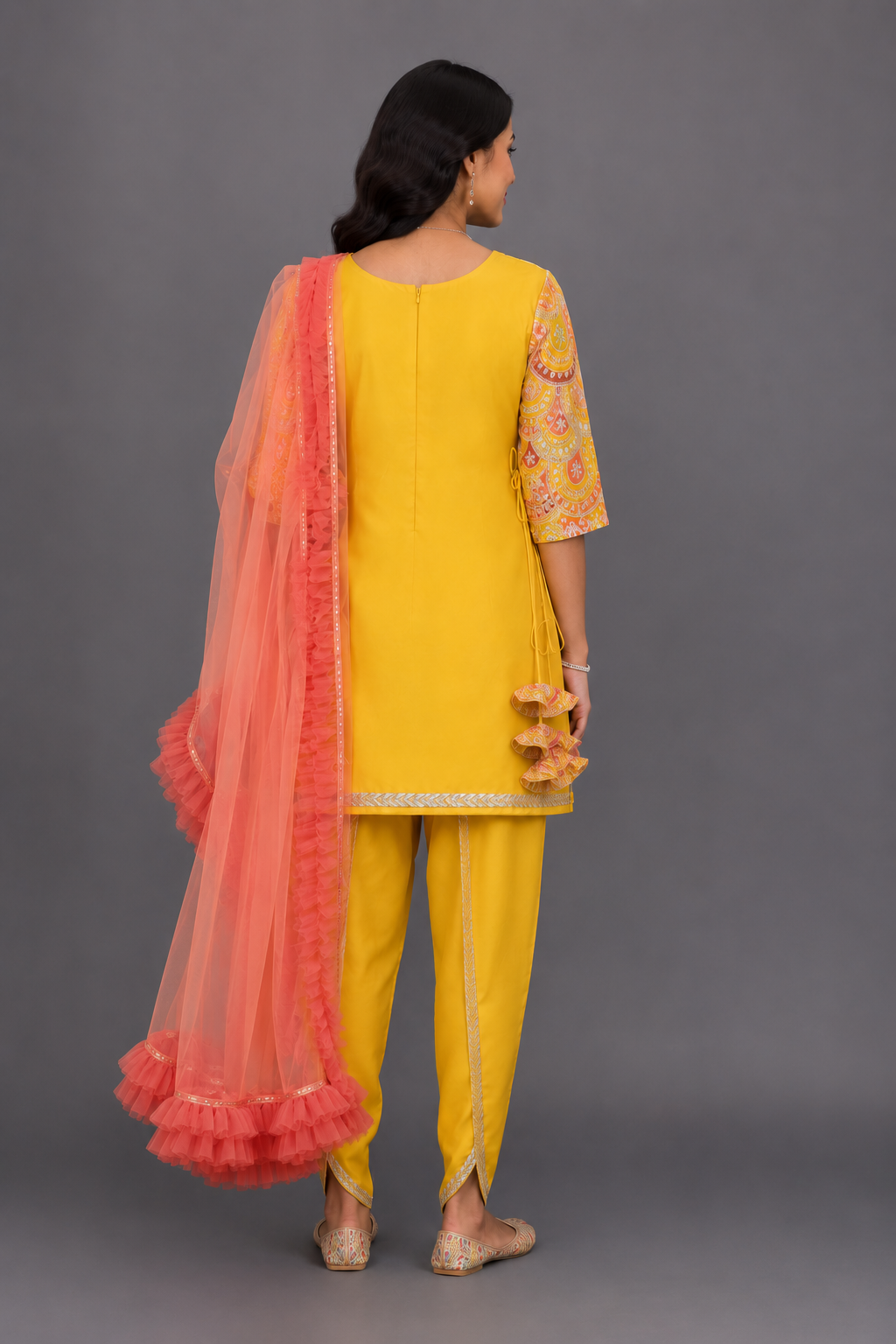 Embroidered Mustard Kurti And Tulip Dhoti With Net Dupatta