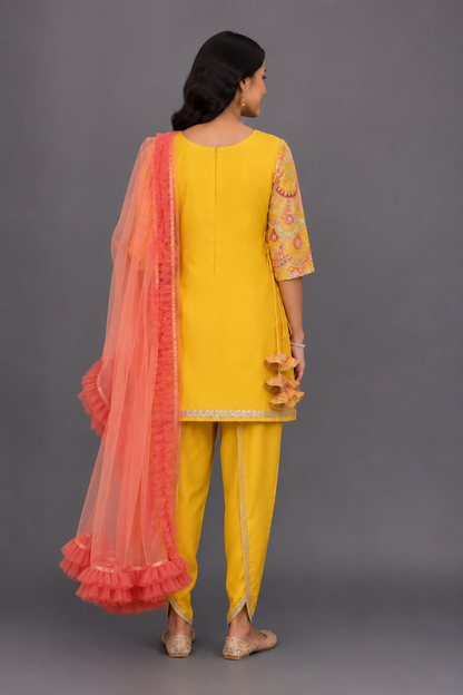 Embroidered Mustard Kurti And Tulip Dhoti With Net Dupatta