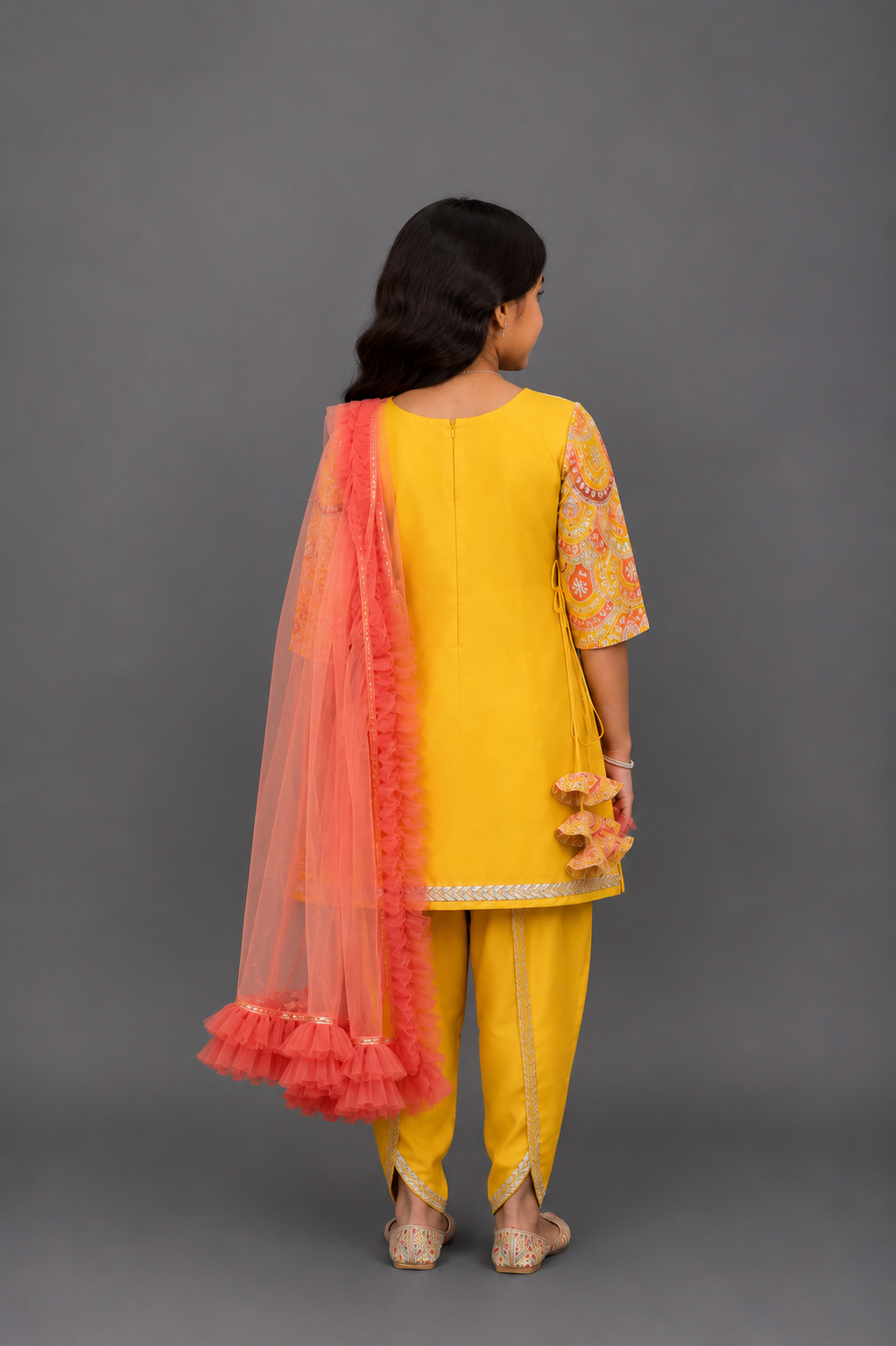 Embroidered Mustard Kurti And Tulip Dhoti With Net Dupatta