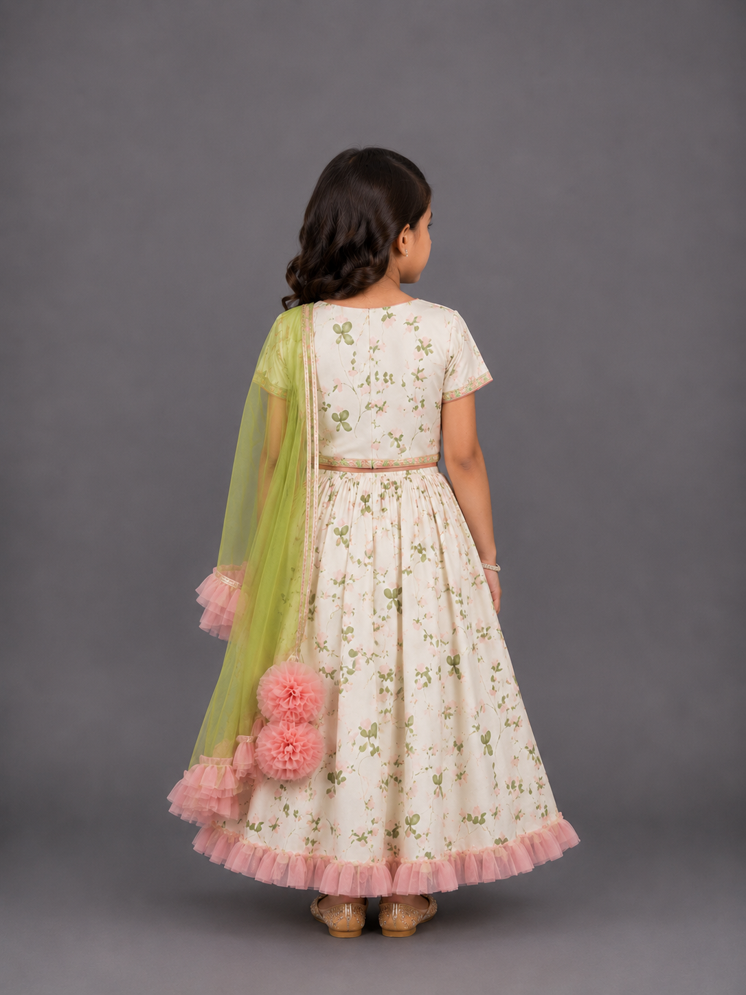 Floral Printed Crop Top With Lehenga And Net Dupatta