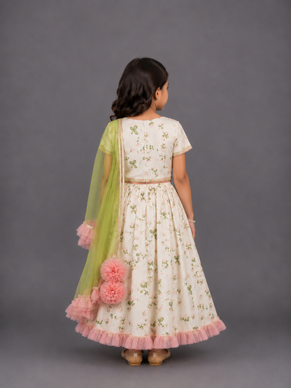 Floral Printed Crop Top With Lehenga And Net Dupatta