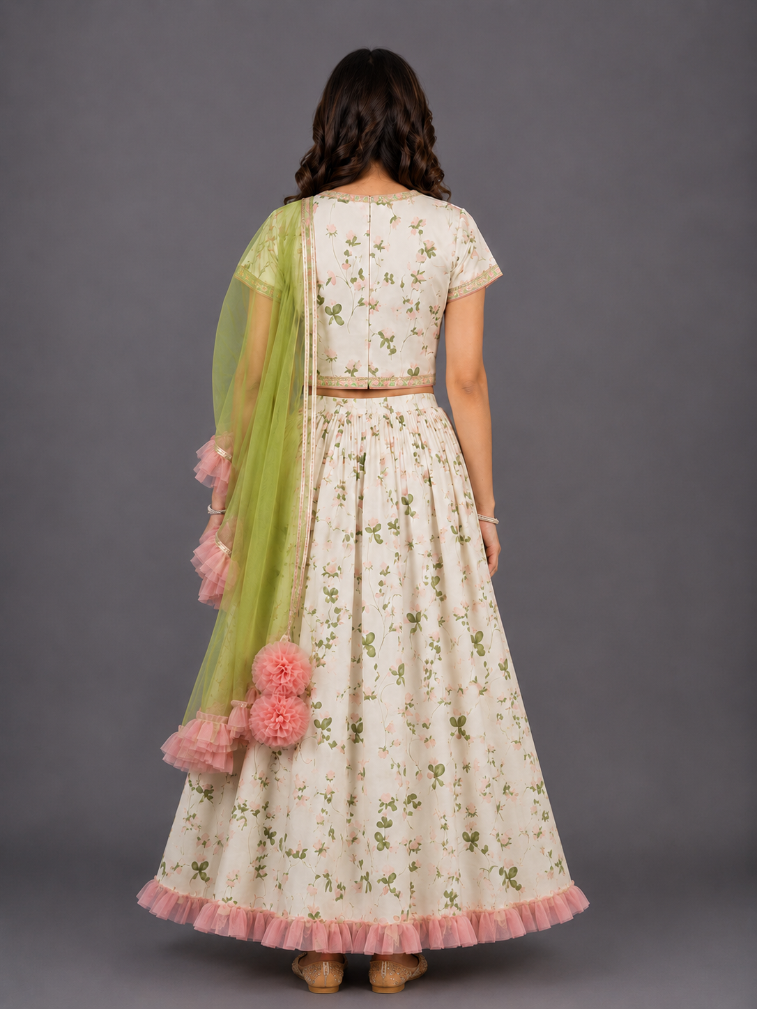 Floral Printed Crop Top With Lehenga And Net Dupatta