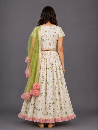 Floral Printed Crop Top With Lehenga And Net Dupatta
