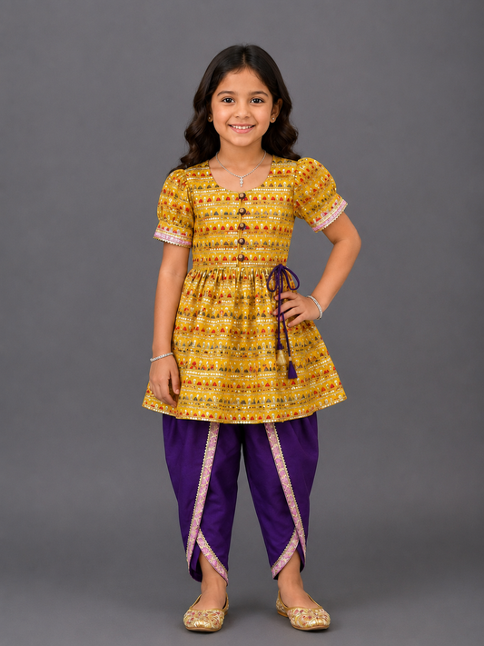 Yellow Heavy Embroidery Kurta  Dhoti set