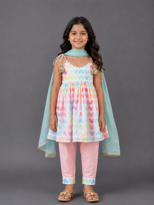Heart Print off Shoulder Kurta Pyjama set