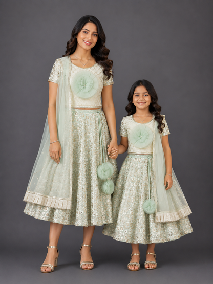 Off white and Green Heavy Embroidery lehnga blouse set with Dupatta