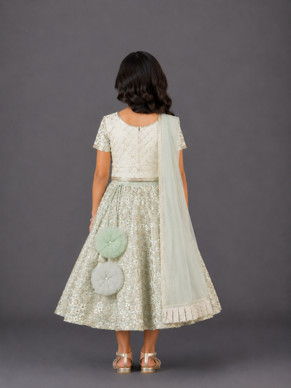 Off white and Green Heavy Embroidery lehnga blouse set with Dupatta