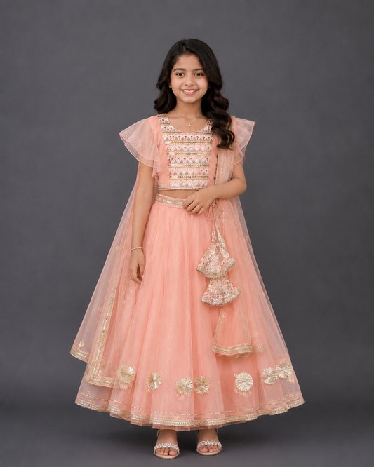 Peach Organza and Silk Frilly Blouse Lehnga set with Dupatta