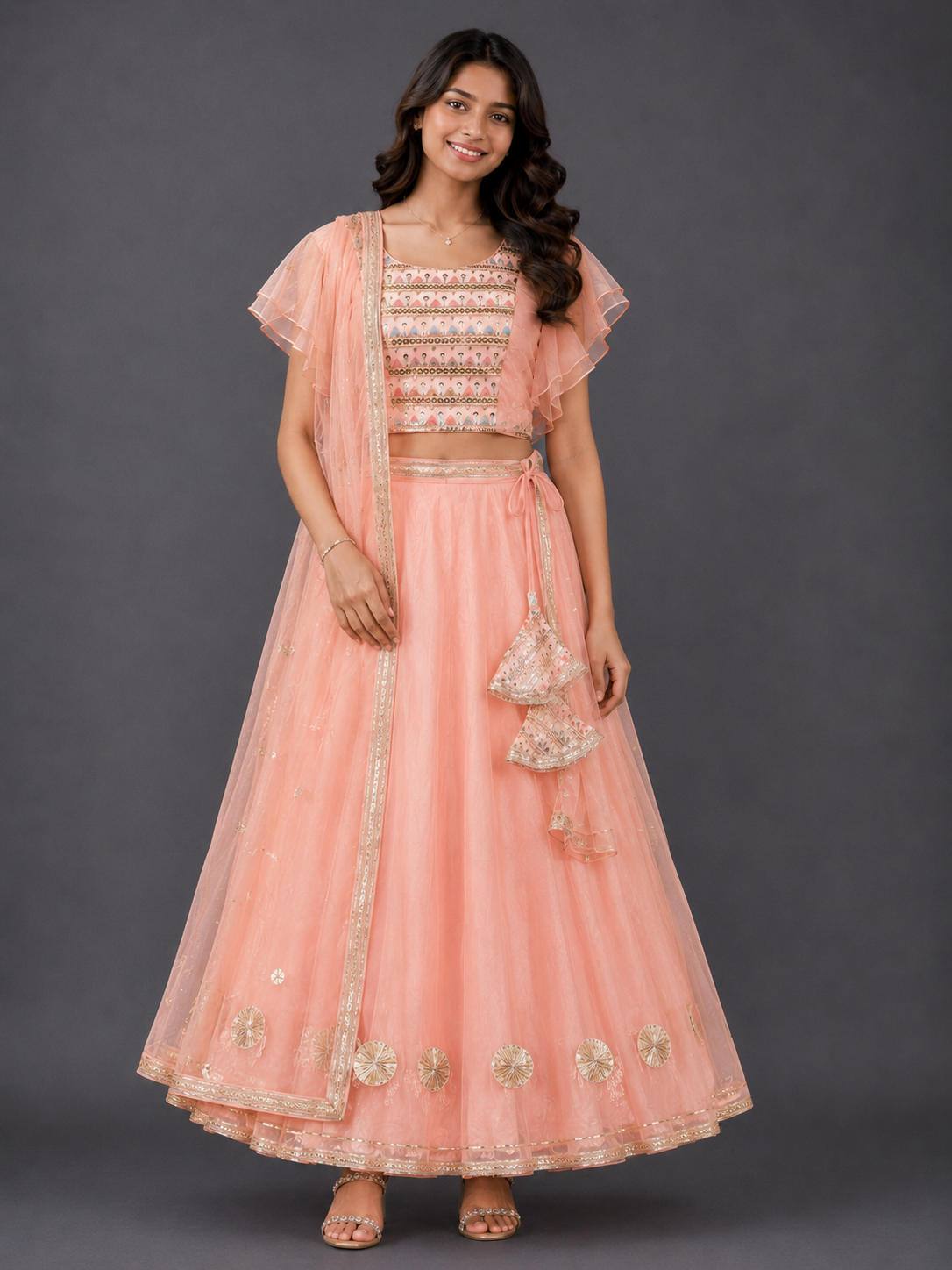 Peach Organza and Silk Frilly Blouse Lehnga set with Dupatta