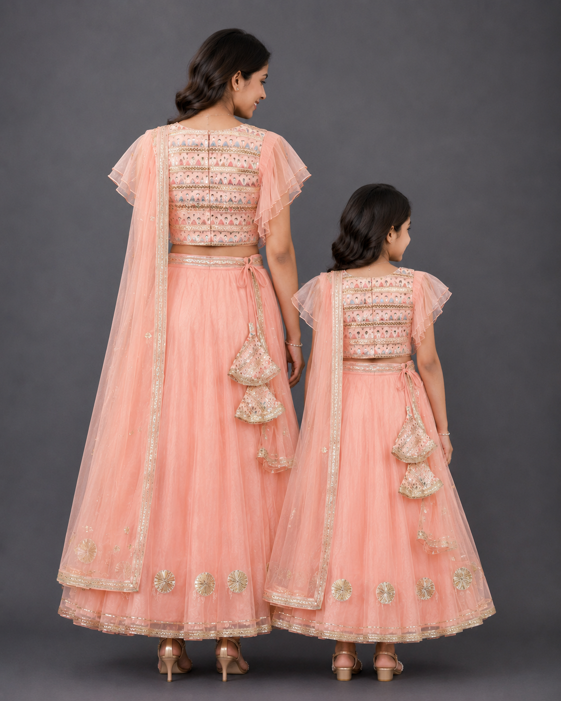 Peach Organza and Silk Frilly Blouse Lehnga set with Dupatta