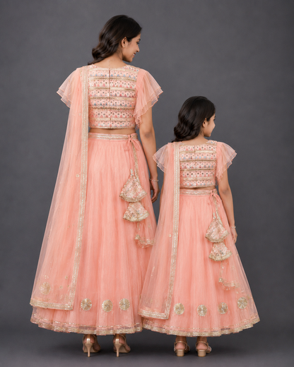 Peach Organza and Silk Frilly Blouse Lehnga set with Dupatta