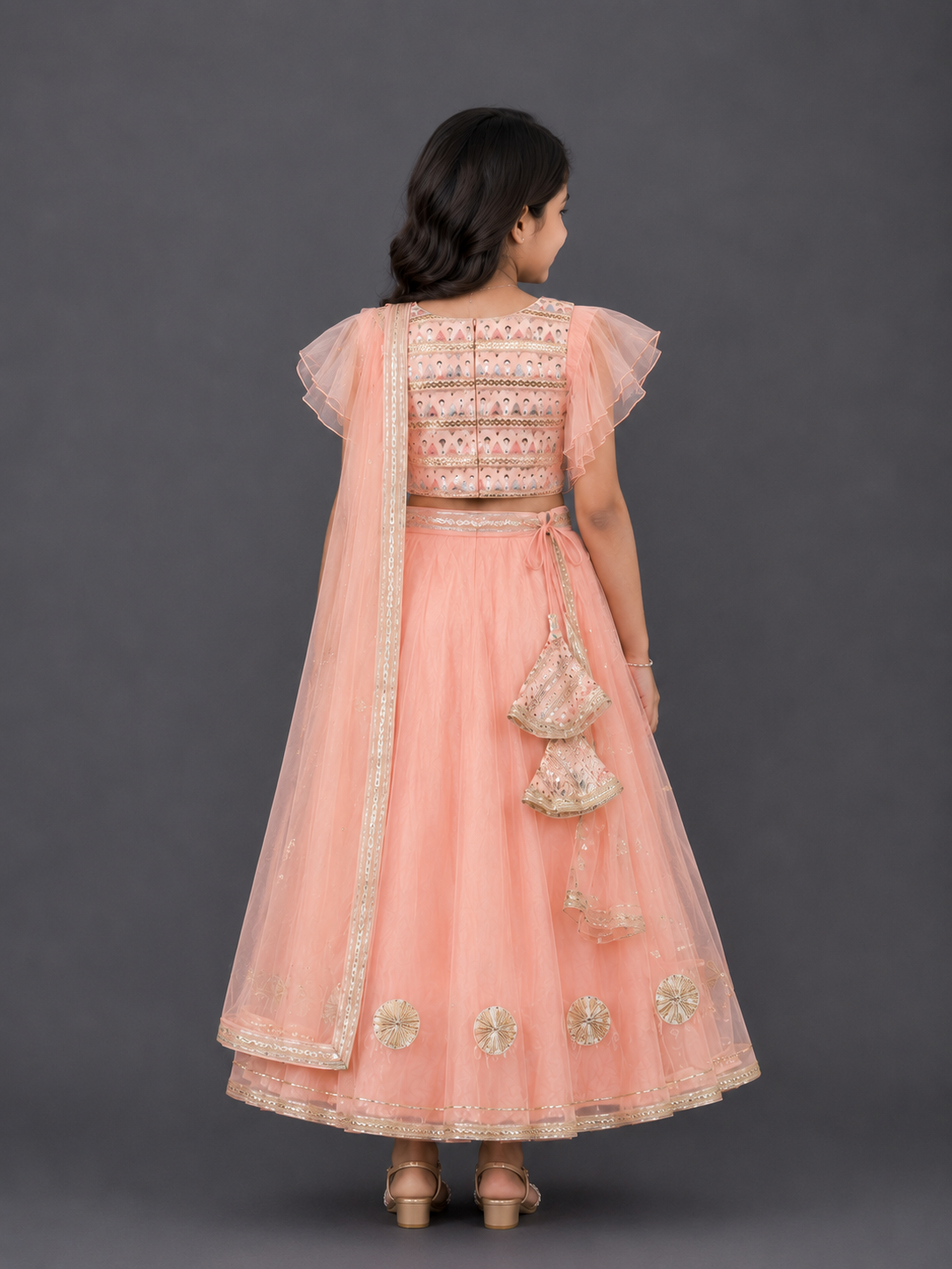 Peach Organza and Silk Frilly Blouse Lehnga set with Dupatta
