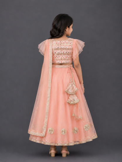 Peach Organza and Silk Frilly Blouse Lehnga set with Dupatta