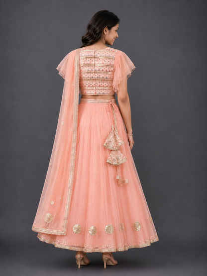 Peach Organza and Silk Frilly Blouse Lehnga set with Dupatta