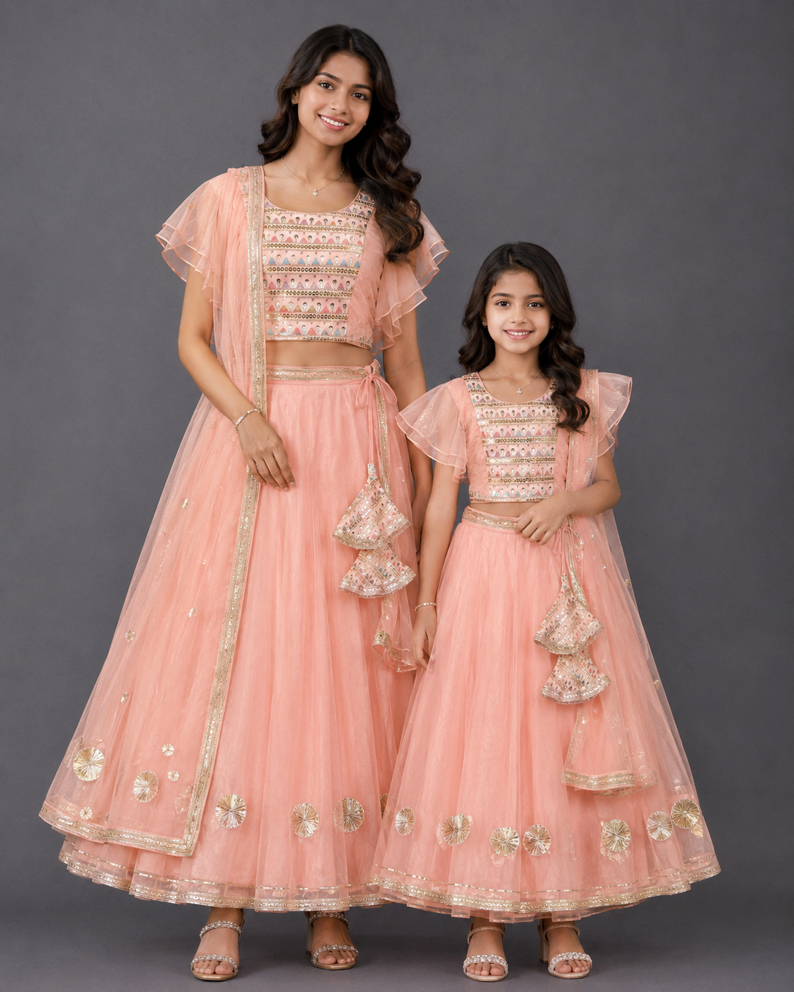 Peach Organza and Silk Frilly Blouse Lehnga set with Dupatta