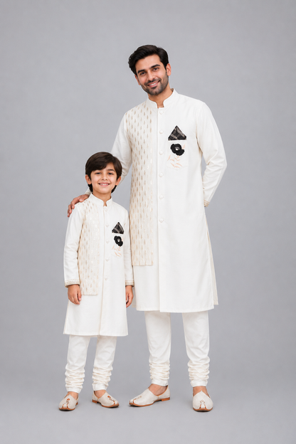 Off White Bandhgala Embroidery Set with Churidars