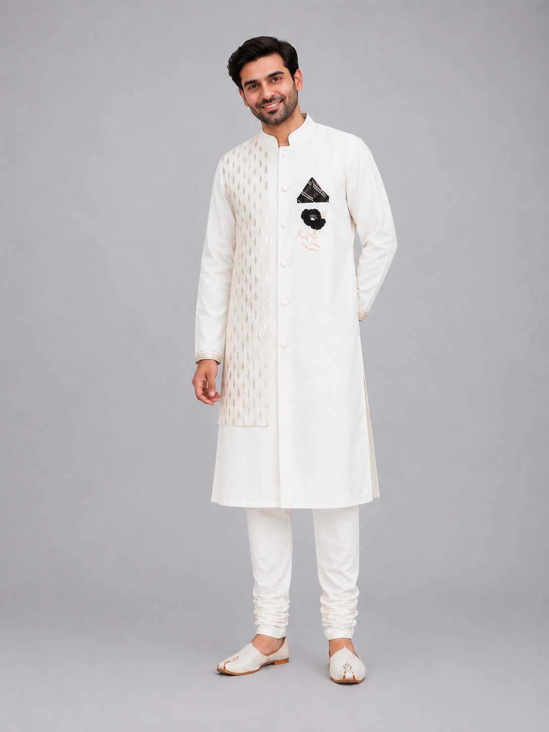 Off White Bandhgala Embroidery Set with Churidars
