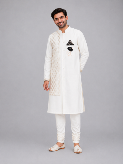 Off White Bandhgala Embroidery Set with Churidars
