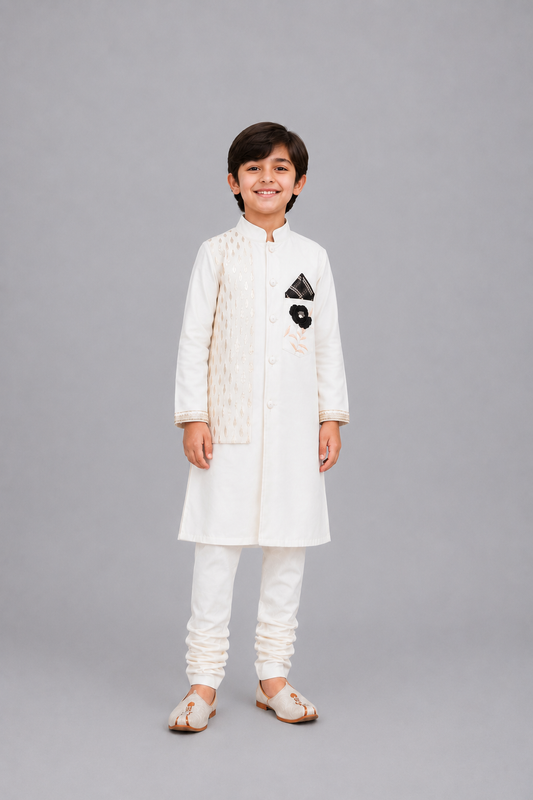 Off White Bandhgala Embroidery Set with Churidars