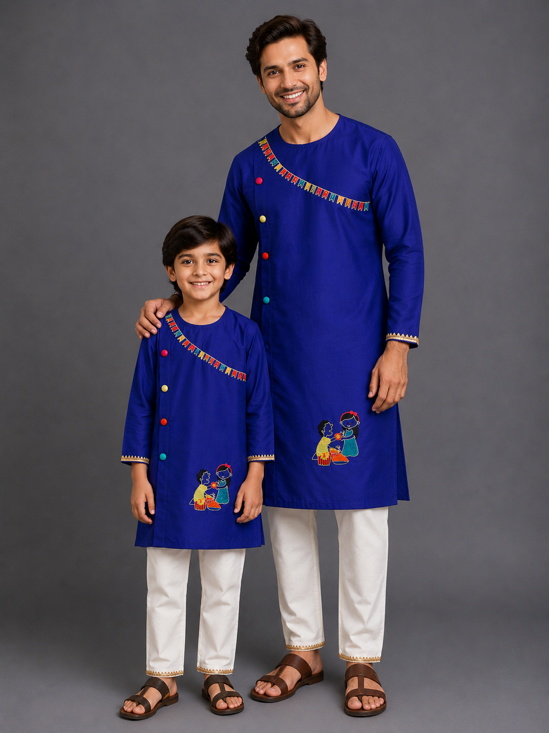 Brother Sister Embroidered Blue Kurta Pyjama set