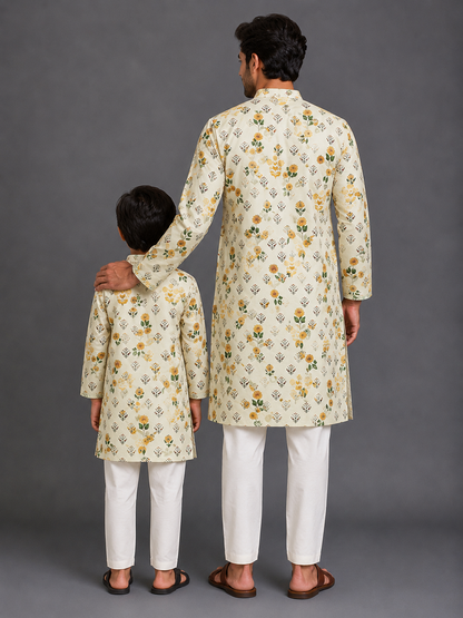 Beige Floral Printed Kurta With Pyjama