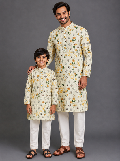 Beige Floral Printed Kurta With Pyjama
