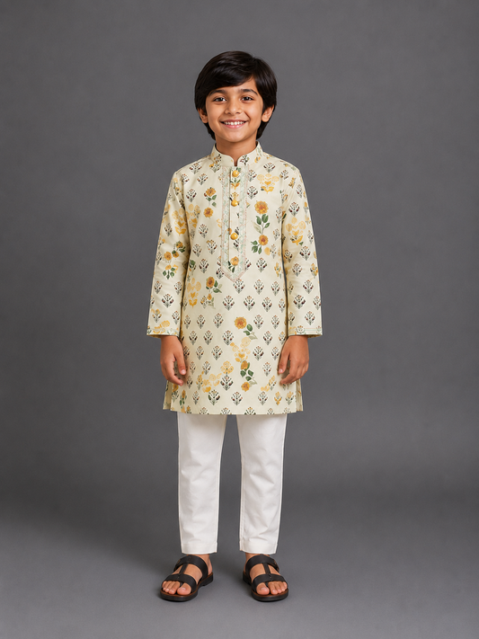 Beige Floral Printed Kurta With Pyjama