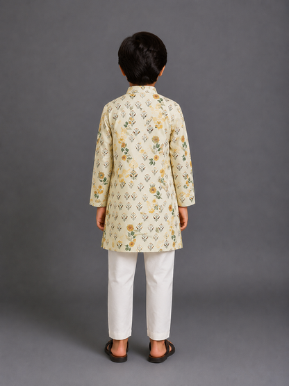 Beige Floral Printed Kurta With Pyjama (Sale)