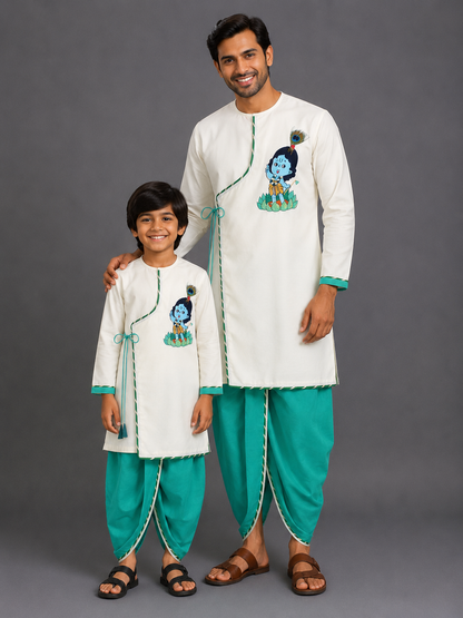 Green  Krishna Embroidered Angrakha Kurta Dhoti  Set