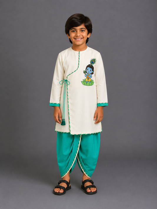 Green  Krishna Embroidered Angrakha Kurta Dhoti  Set