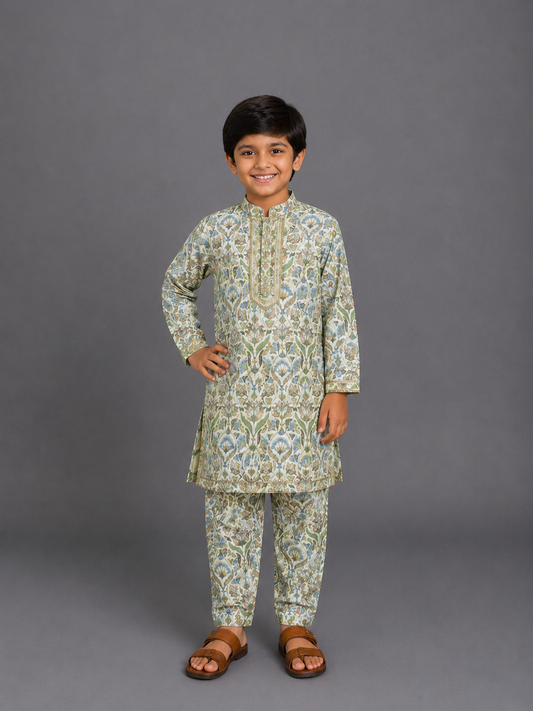 Floral Embroidered Multicolour Kurta With Matching Pyjama