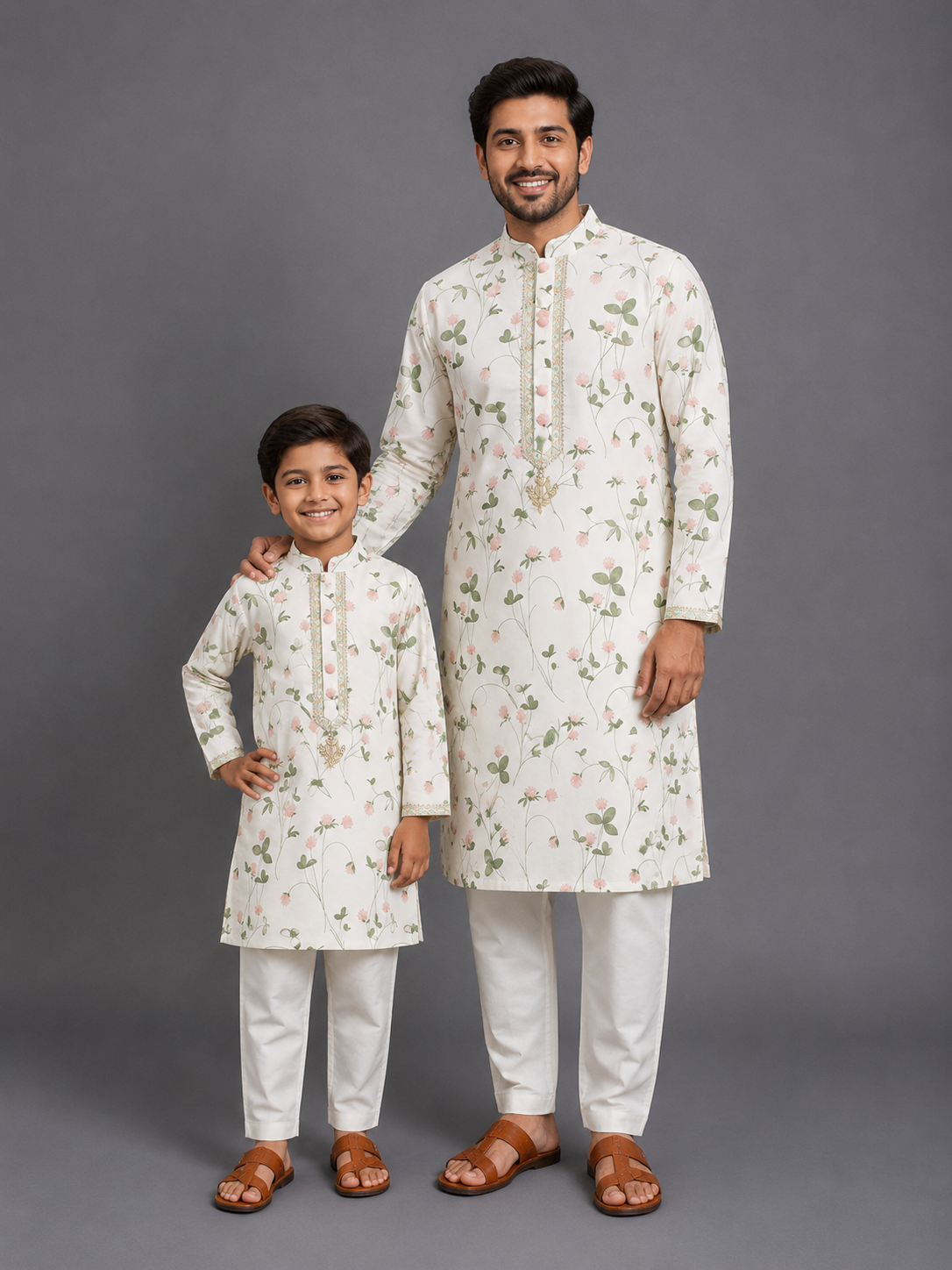 Floral Printed Kurta With Off White Pyjama