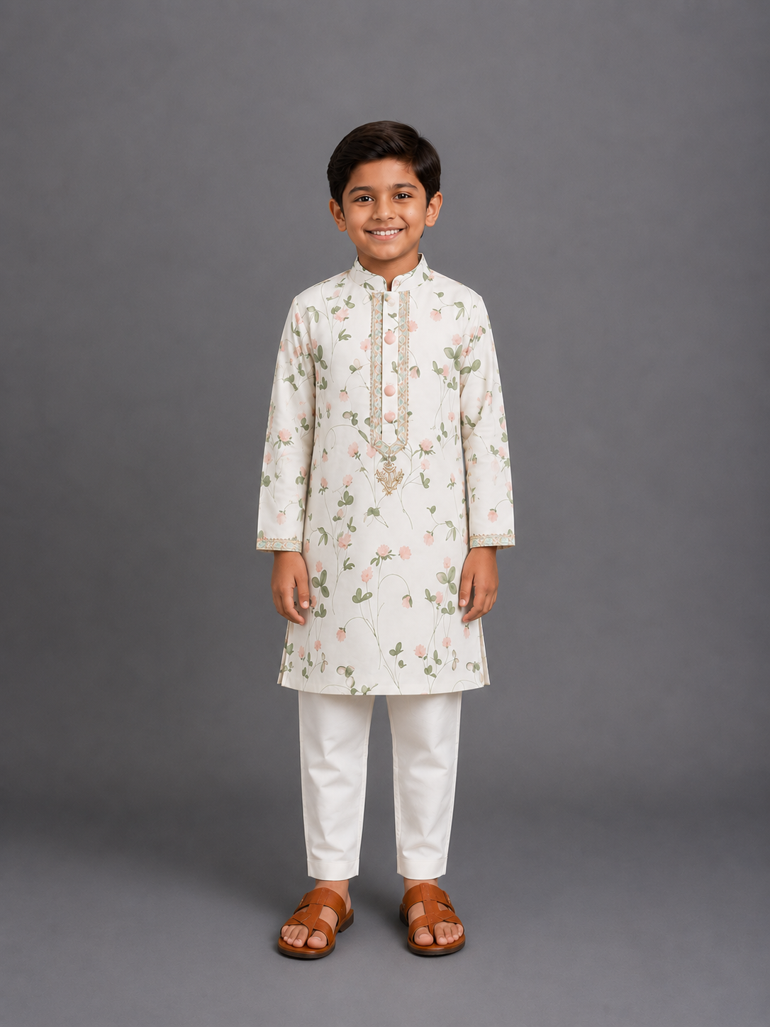 Floral Printed Kurta With Off White Pyjama