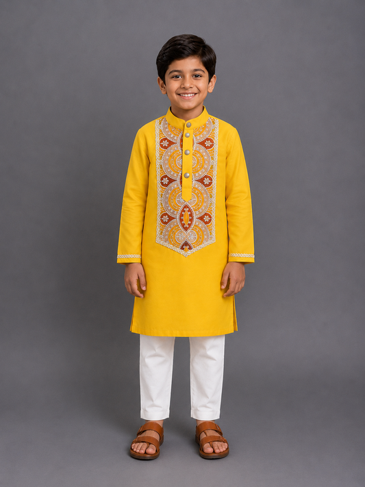 Embroidered Mustard Kurta And Off White White Pyjama
