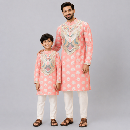 Peach  Kurta with Attached heavy Embrodiery Jacket Pyjama set