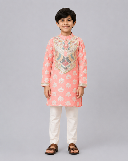 Peach  Kurta with Attached heavy Embrodiery Jacket Pyjama set