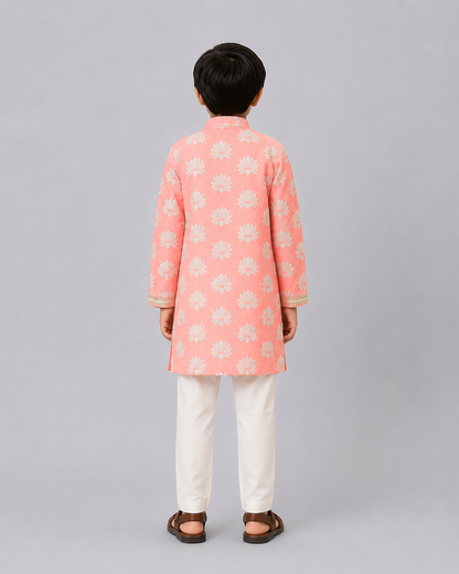 Peach  Kurta with Attached heavy Embrodiery Jacket Pyjama set