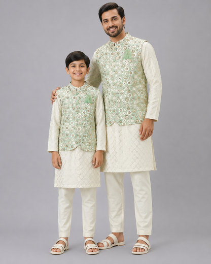 Green Sequins Embroidery Nehru jacket Kurta Pyjama set