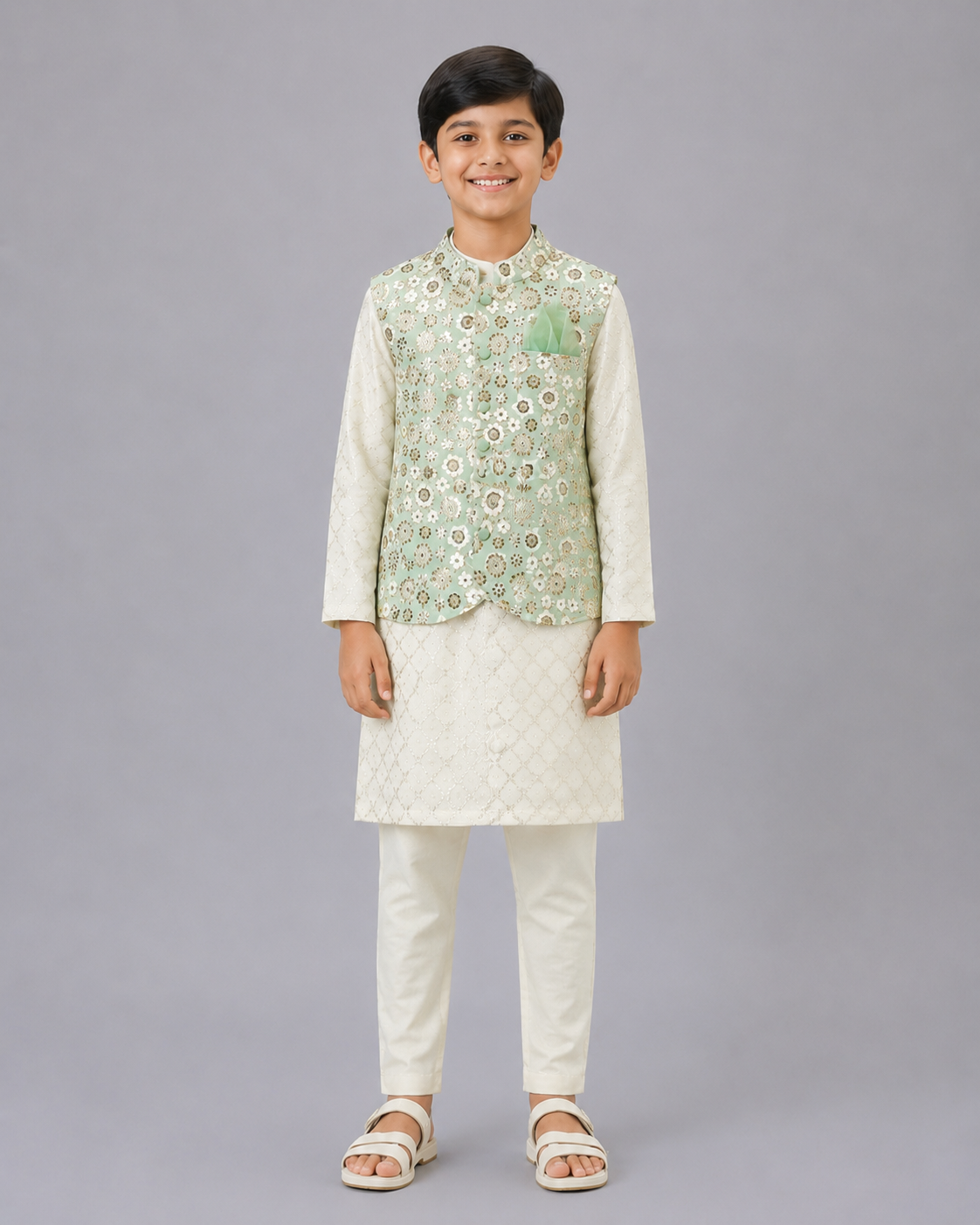Green Sequins Embroidery Nehru jacket Kurta Pyjama set