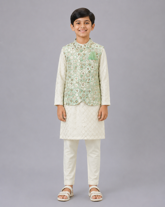 Green Sequins Embroidery Nehru jacket Kurta Pyjama set