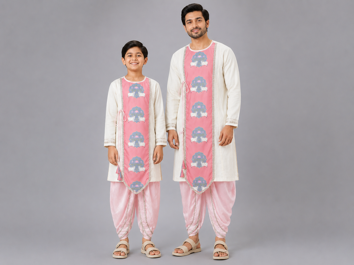 Cow printed Pink and off white Kurta payjama  set