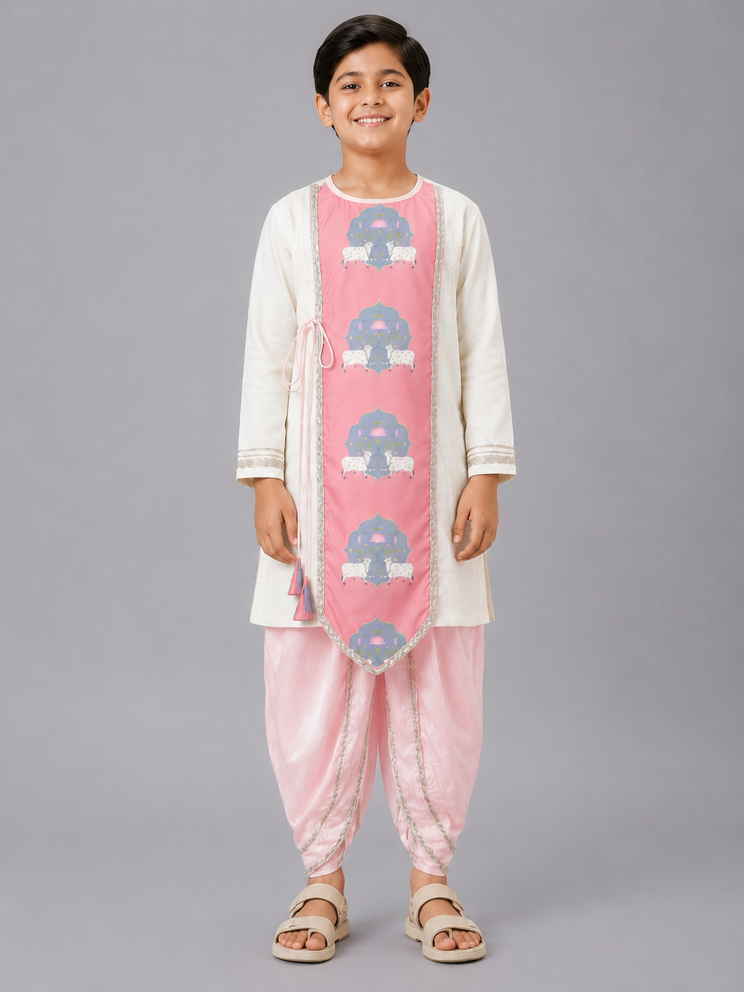 Cow printed Pink and off white Kurta payjama  set
