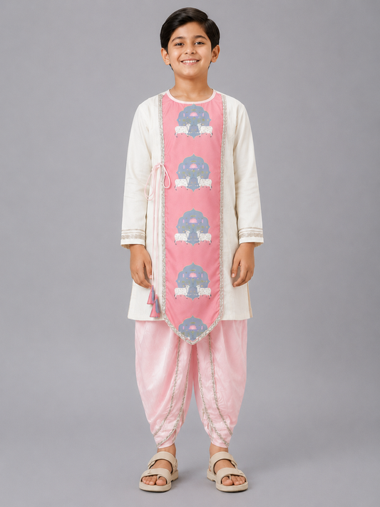 Cow printed Pink and off white Kurta payjama  set