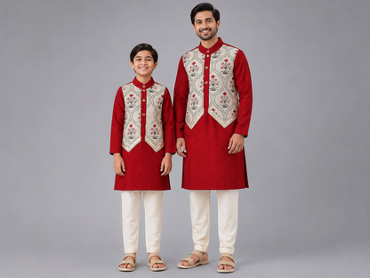 Maroon Mughal Printed Kurta Pyjama set