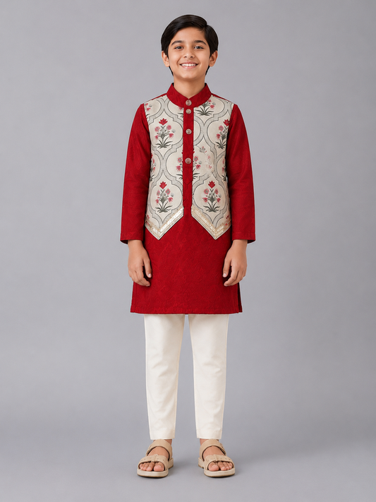 Maroon Mughal Printed Kurta Pyjama set