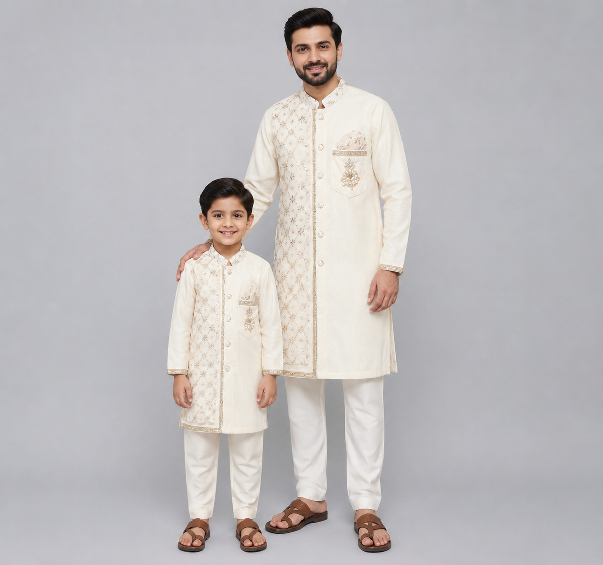Off white Velvet Kurta set with chanderi panel