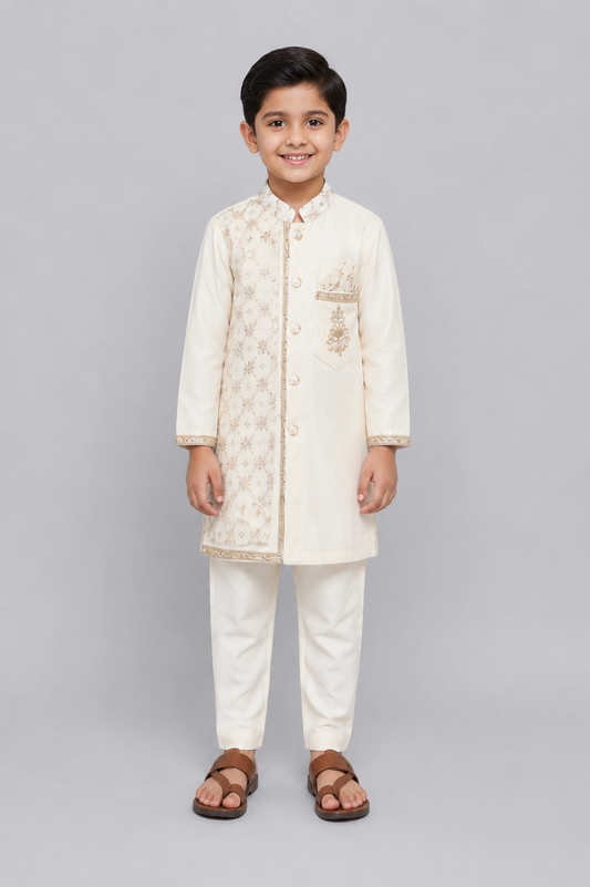 Off white Velvet Kurta set with chanderi panel