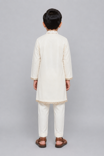 Off white Velvet Kurta set with chanderi panel